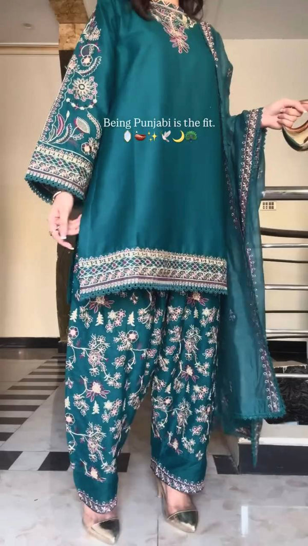 Designer Green Color Faux Georgette Panjabi Dhoti Suit Set with Embroidered Top & Dupatta