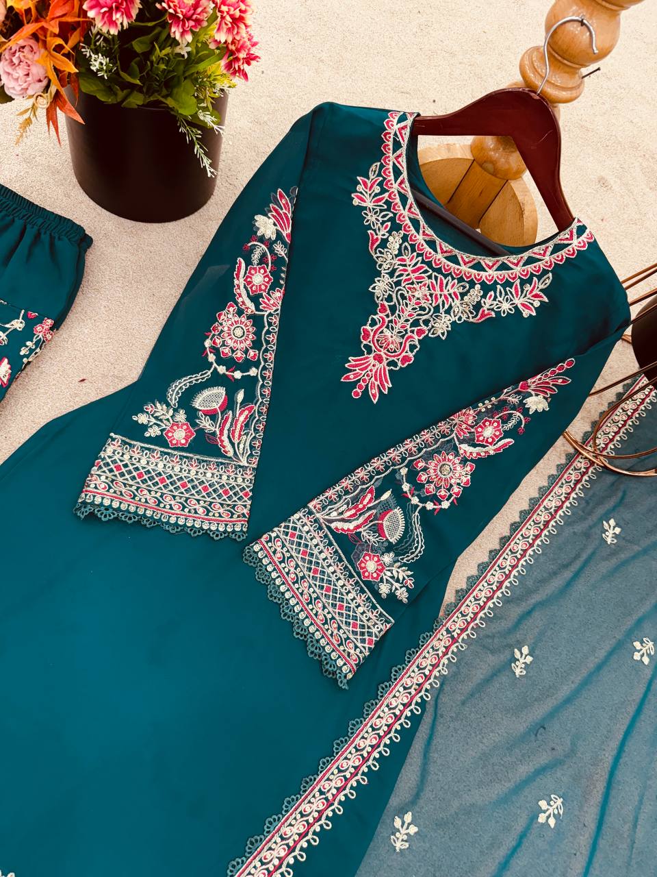 Designer Green Color Faux Georgette Panjabi Dhoti Suit Set with Embroidered Top & Dupatta