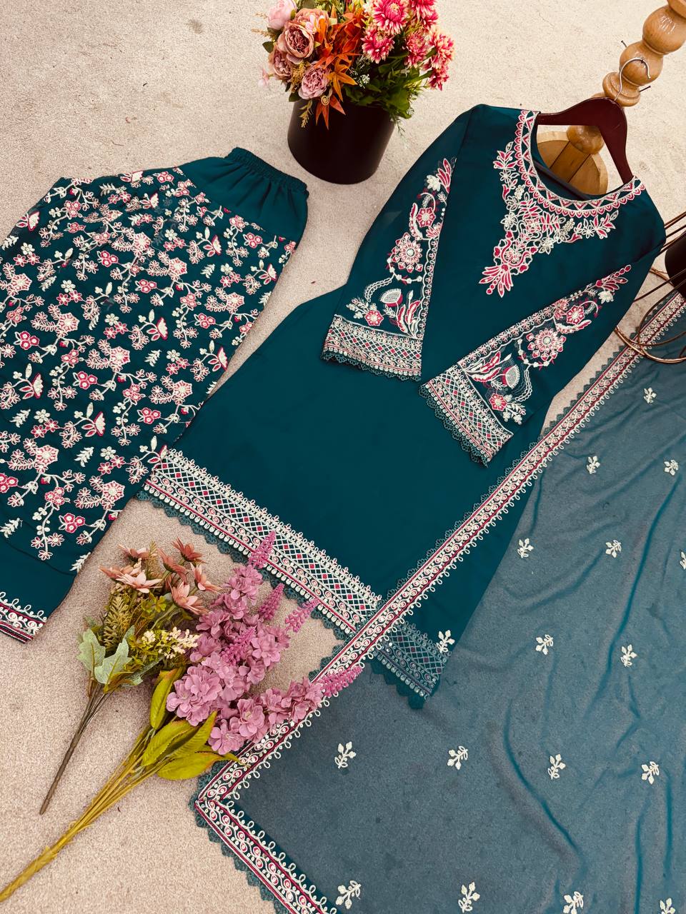 Designer Green Color Faux Georgette Panjabi Dhoti Suit Set with Embroidered Top & Dupatta