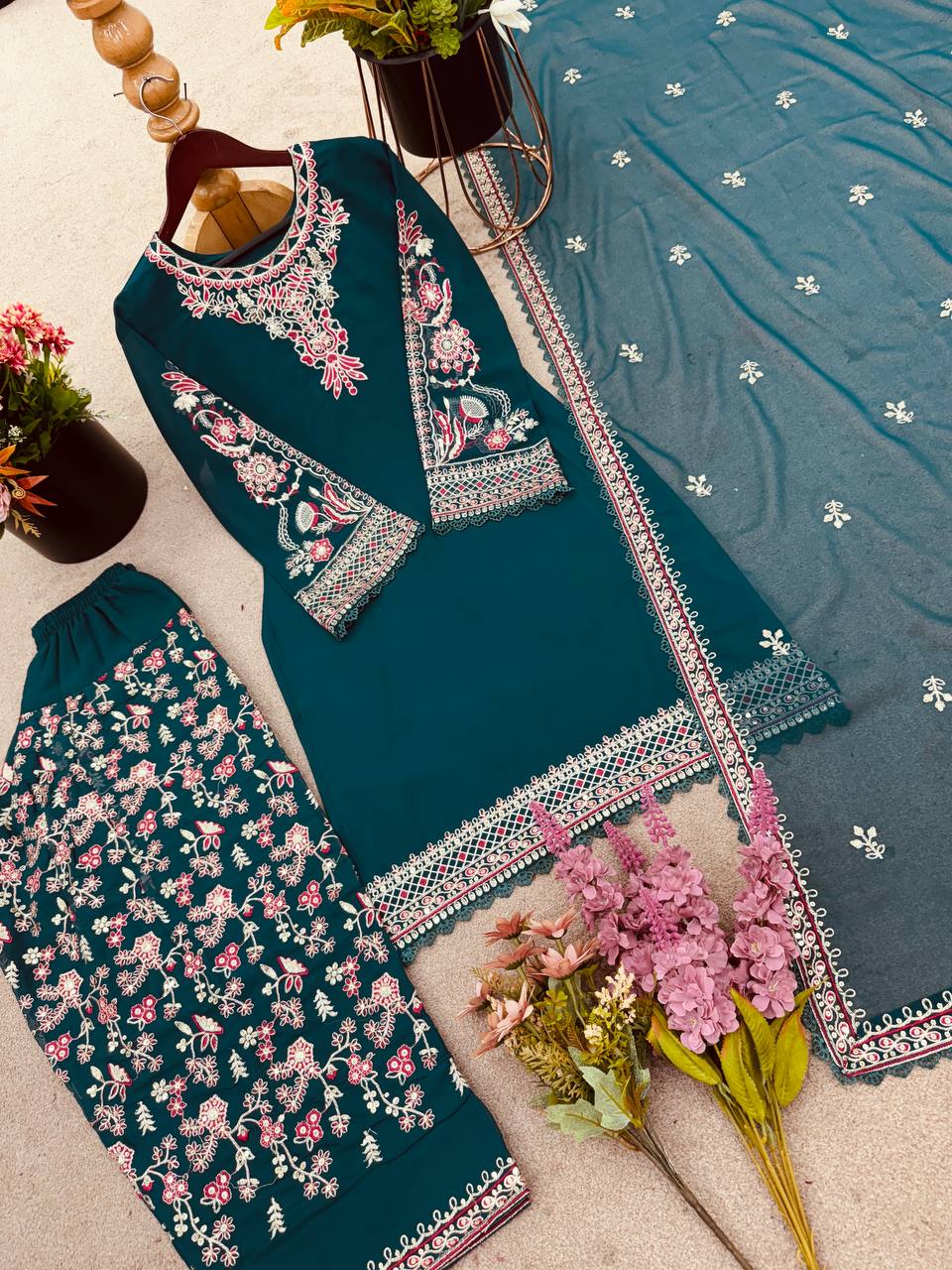 Designer Green Color Faux Georgette Panjabi Dhoti Suit Set with Embroidered Top & Dupatta