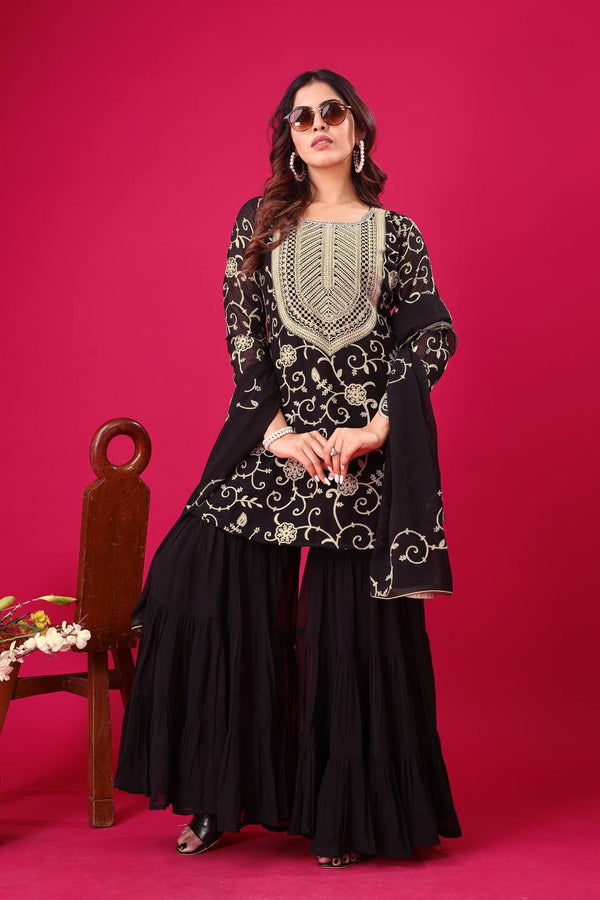 Ceremony Wear Black Color Heavy Georgette Embroidery Work Sharara Suit