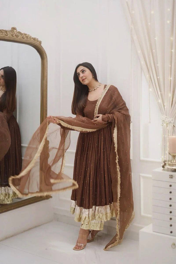 Festive Wear Brown Color Heavy Faux Georgette Moti Work Beautiful Gown