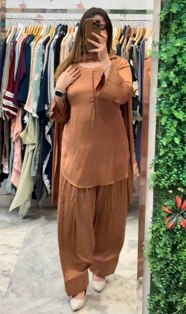 Party Wear Brown Color Heavy Georgette Top-Bottom-Dupatta Set
