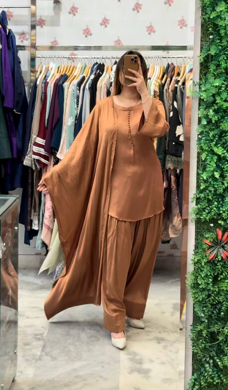 Party Wear Brown Color Heavy Georgette Top-Bottom-Dupatta Set