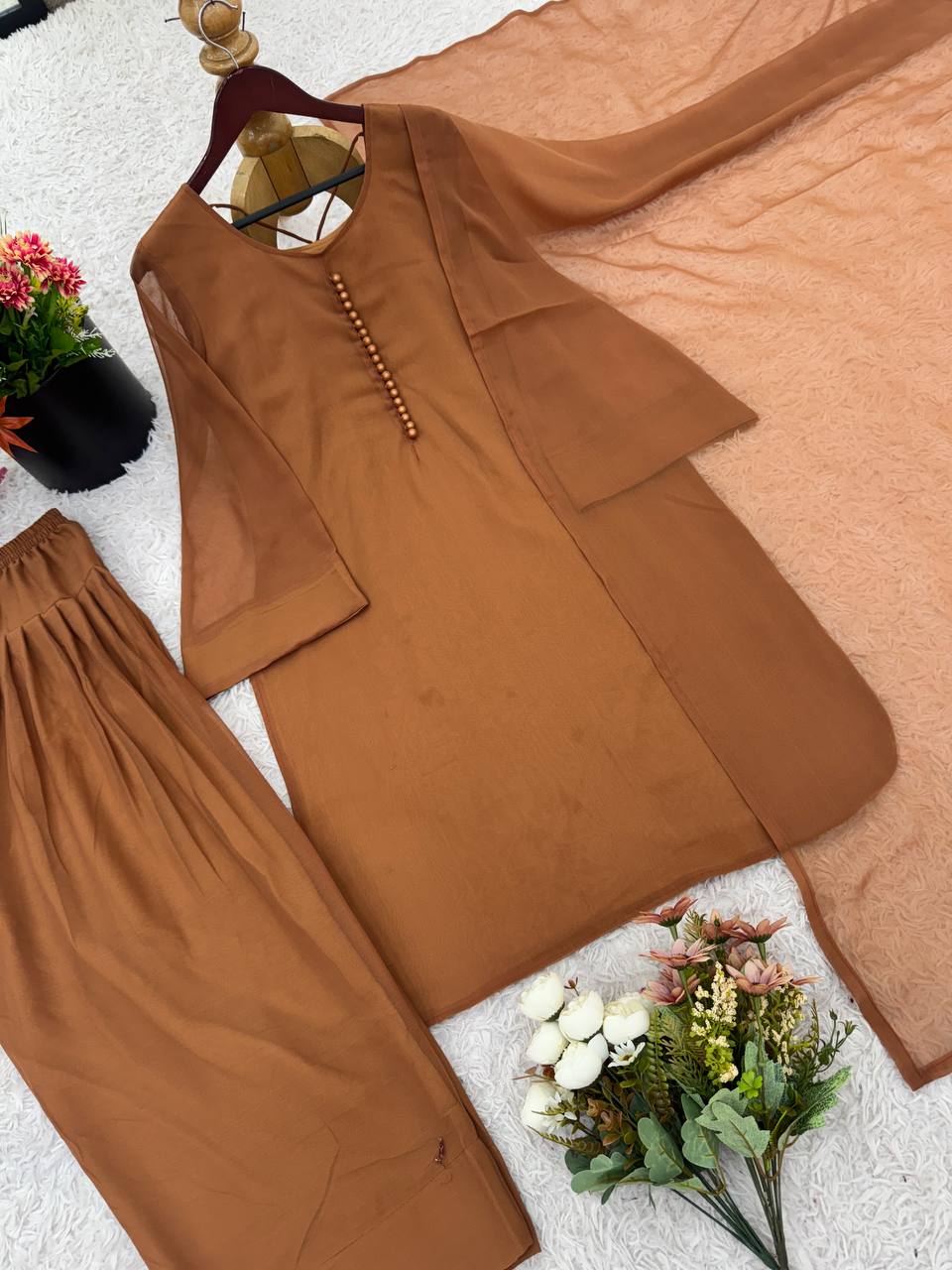 Party Wear Brown Color Heavy Georgette Top-Bottom-Dupatta Set