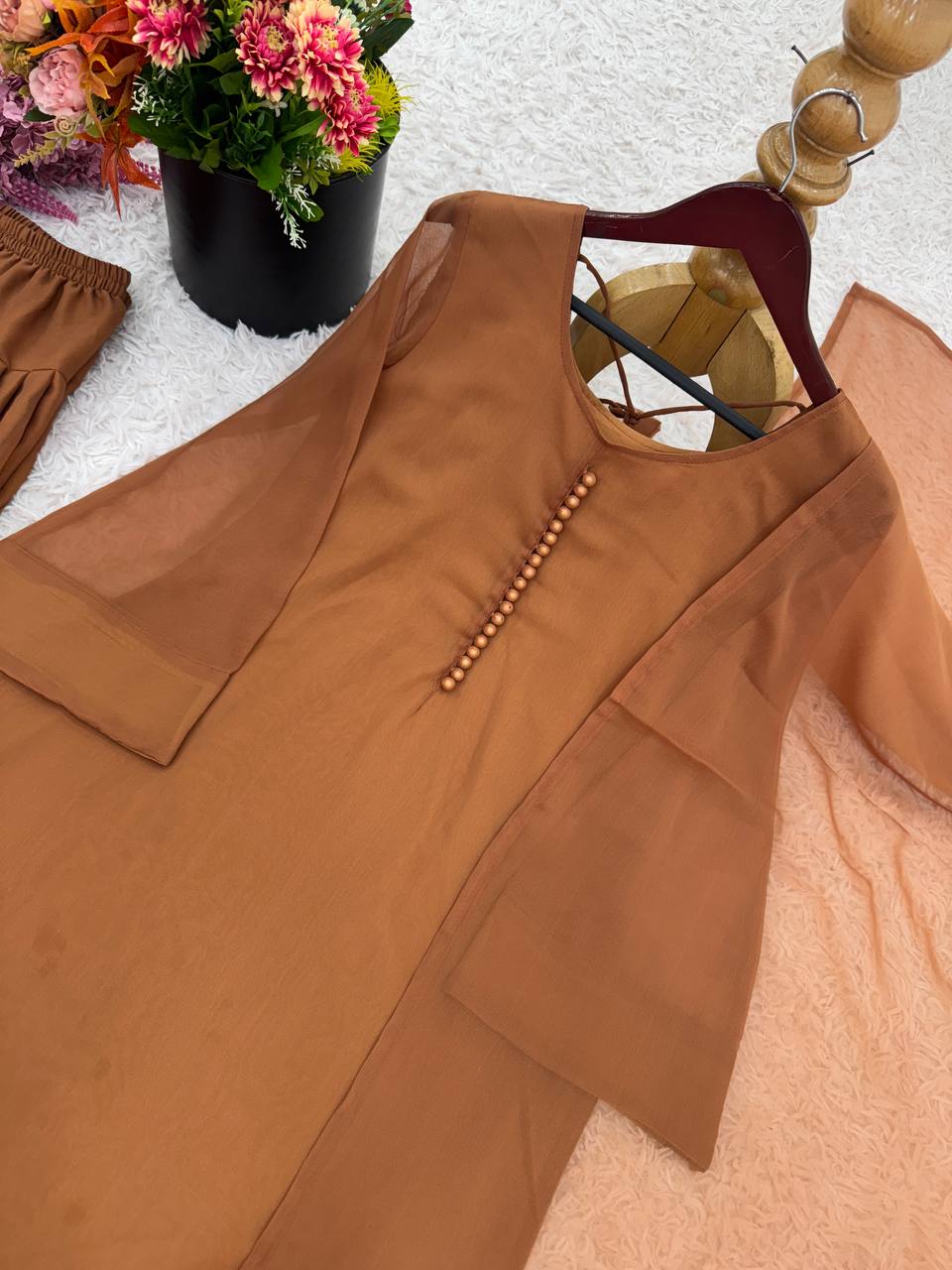 Party Wear Brown Color Heavy Georgette Top-Bottom-Dupatta Set