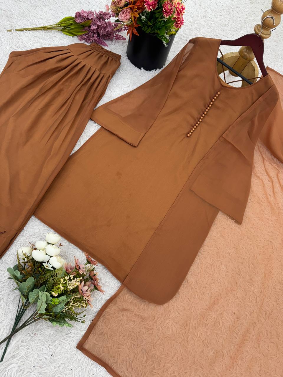 Party Wear Brown Color Heavy Georgette Top-Bottom-Dupatta Set