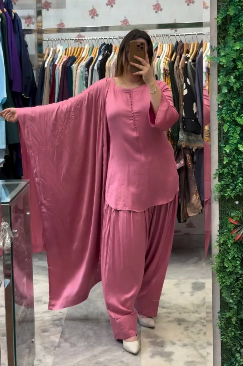 Party Wear Baby Pink Color Heavy Georgette Top-Bottom-Dupatta Set