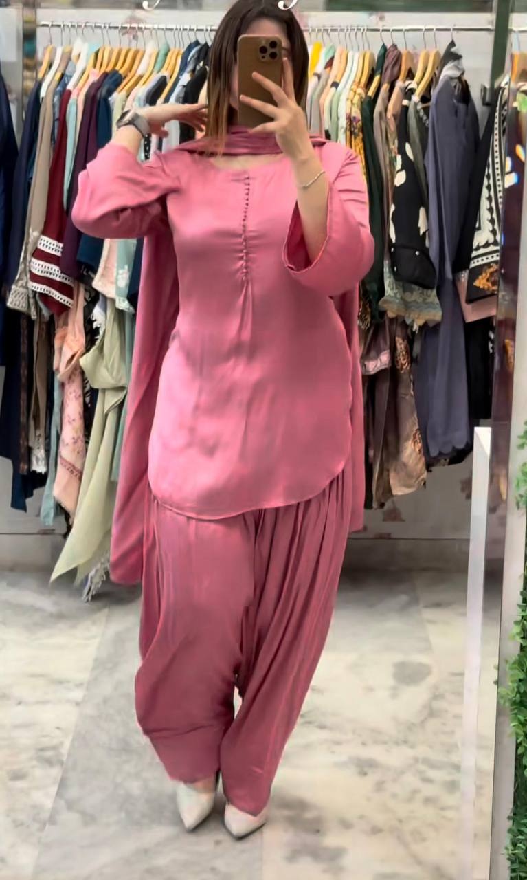 Party Wear Baby Pink Color Heavy Georgette Top-Bottom-Dupatta Set