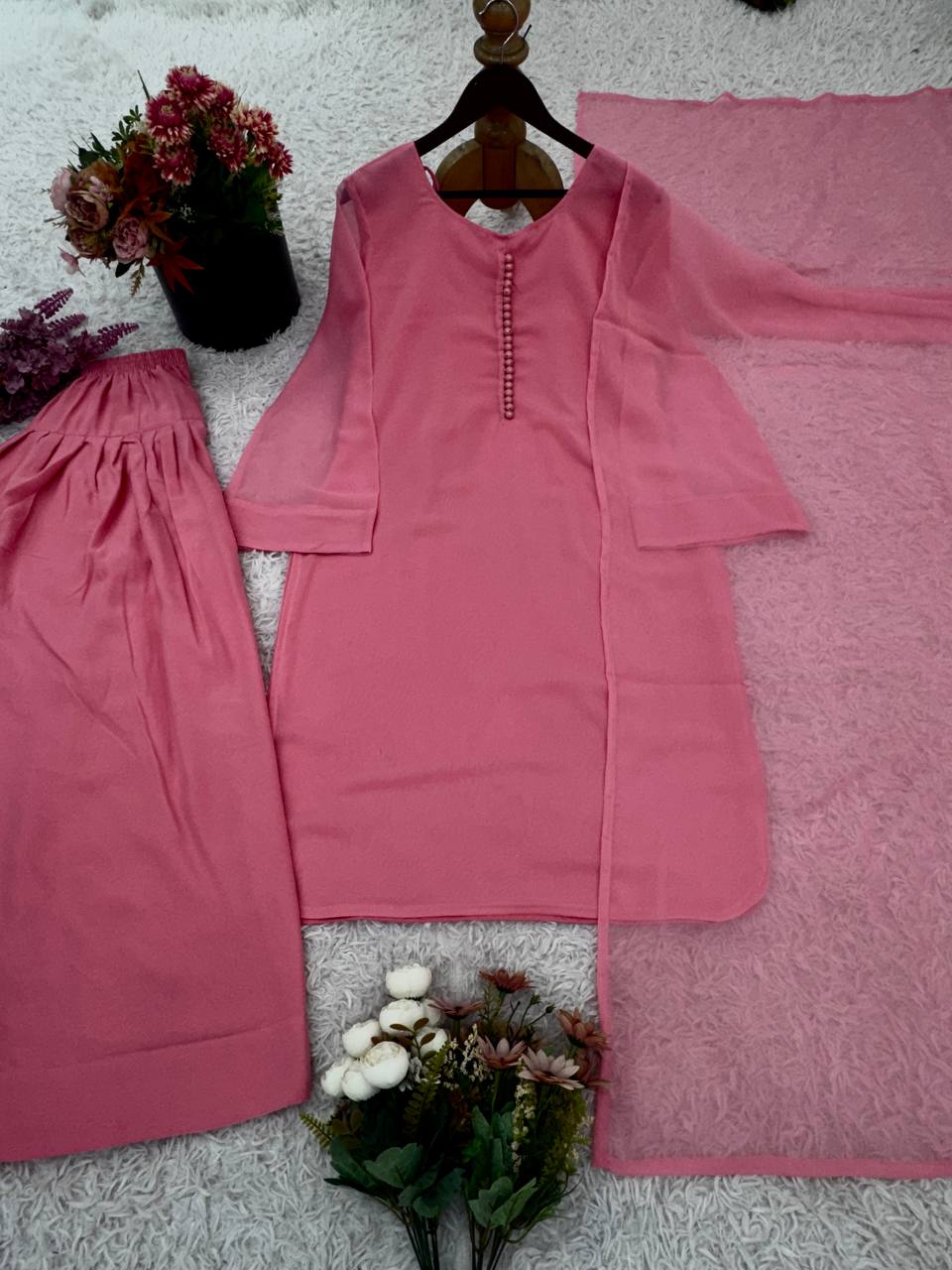 Party Wear Baby Pink Color Heavy Georgette Top-Bottom-Dupatta Set