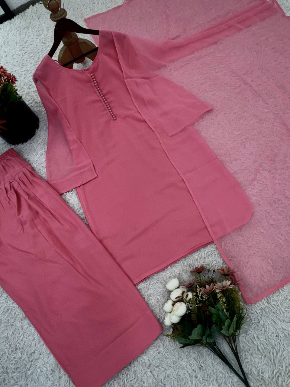 Party Wear Baby Pink Color Heavy Georgette Top-Bottom-Dupatta Set