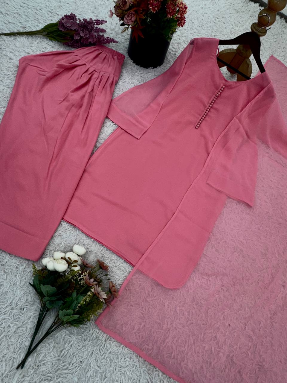 Party Wear Baby Pink Color Heavy Georgette Top-Bottom-Dupatta Set