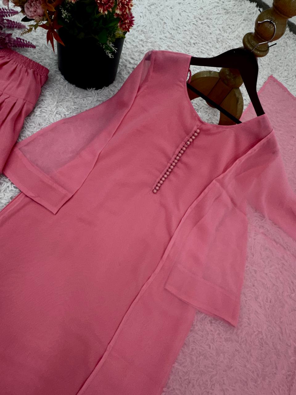 Party Wear Baby Pink Color Heavy Georgette Top-Bottom-Dupatta Set