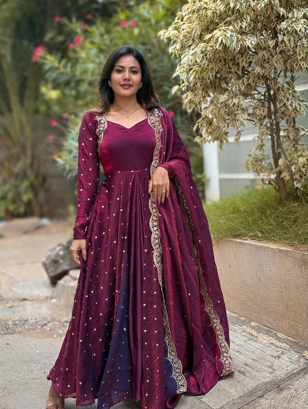 Party Wear Wine Color Heavy Fandy Silk Embroidery With Sequence Work Beautiful Gown