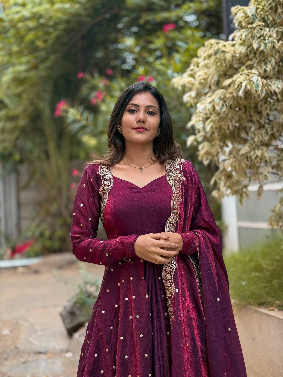 Party Wear Wine Color Heavy Fandy Silk Embroidery With Sequence Work Beautiful Gown