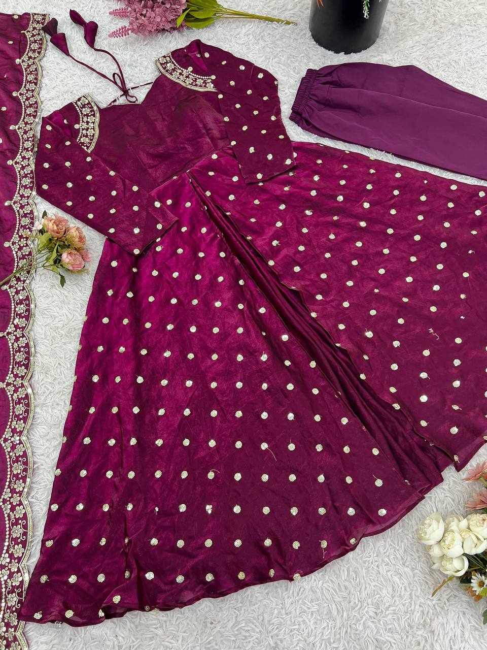 Party Wear Wine Color Heavy Fandy Silk Embroidery With Sequence Work Beautiful Gown