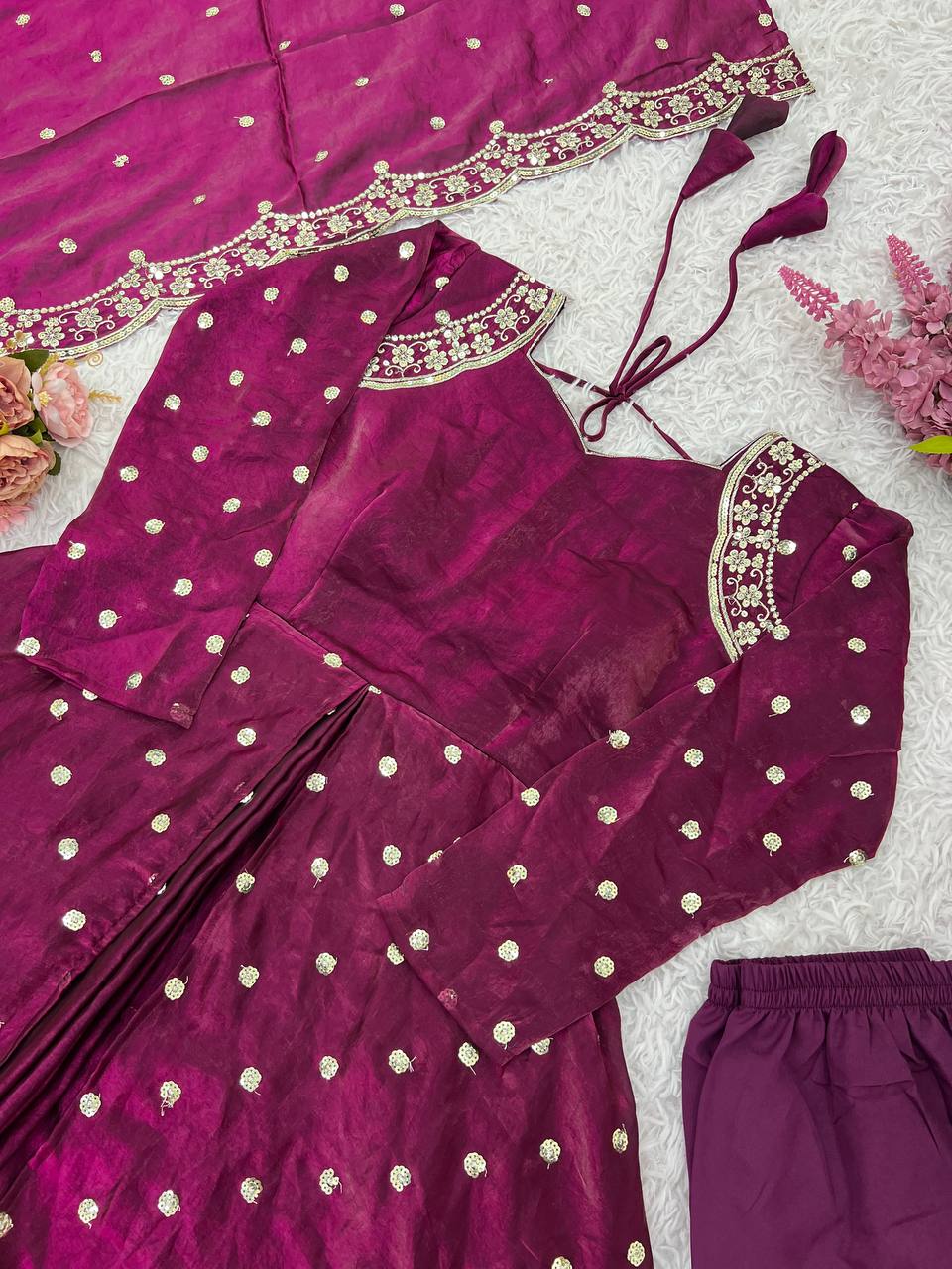 Party Wear Wine Color Heavy Fandy Silk Embroidery With Sequence Work Beautiful Gown
