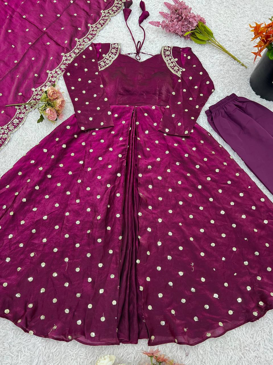 Party Wear Wine Color Heavy Fandy Silk Embroidery With Sequence Work Beautiful Gown