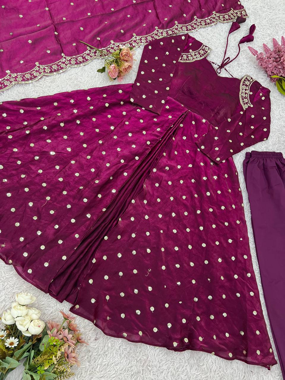 Party Wear Wine Color Heavy Fandy Silk Embroidery With Sequence Work Beautiful Gown
