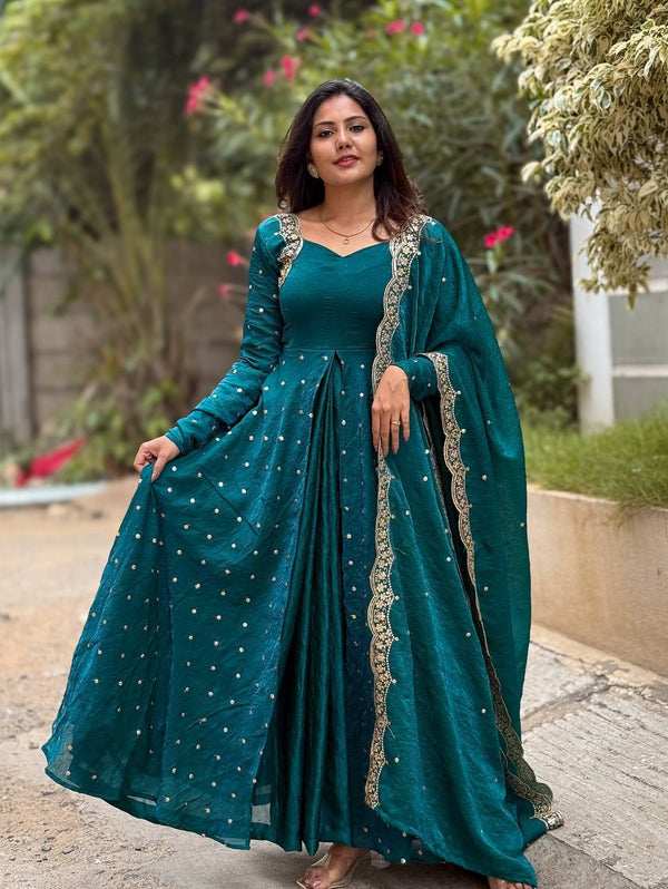 Party Wear Teal Color Heavy Fandy Silk Embroidery With Sequence Work Beautiful Gown