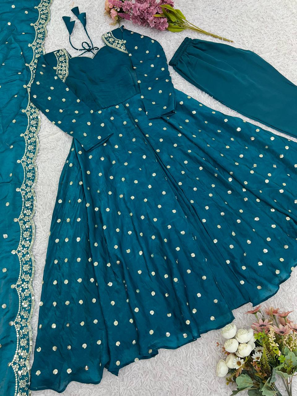 Party Wear Teal Color Heavy Fandy Silk Embroidery With Sequence Work Beautiful Gown
