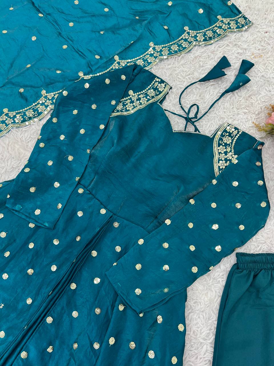 Party Wear Teal Color Heavy Fandy Silk Embroidery With Sequence Work Beautiful Gown