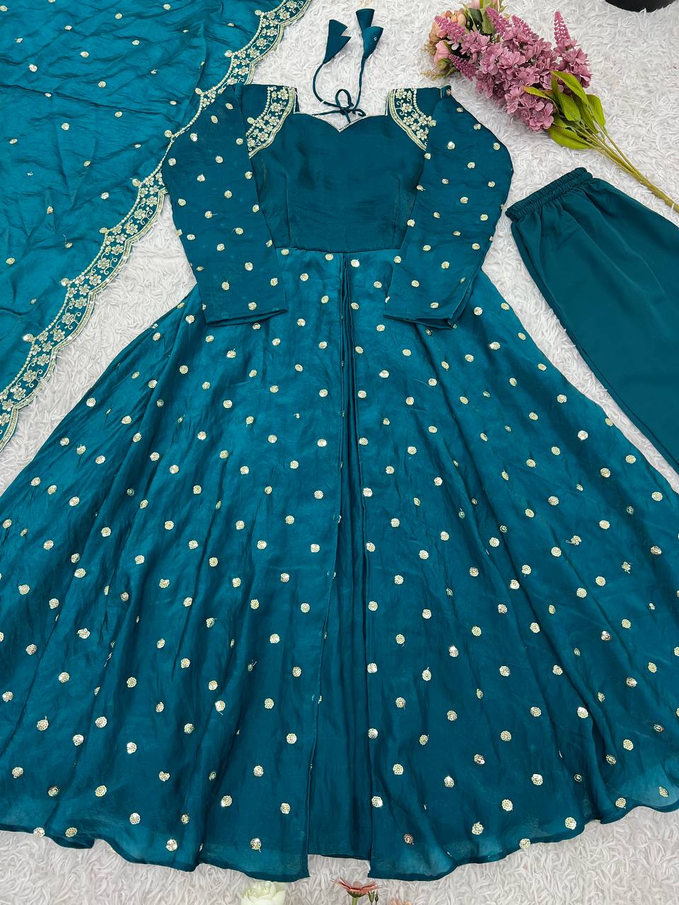 Party Wear Teal Color Heavy Fandy Silk Embroidery With Sequence Work Beautiful Gown