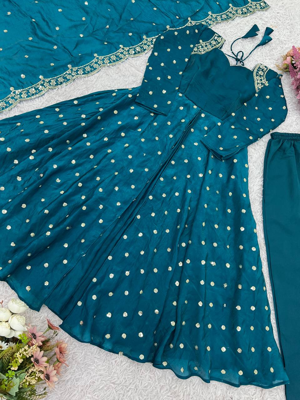 Party Wear Teal Color Heavy Fandy Silk Embroidery With Sequence Work Beautiful Gown