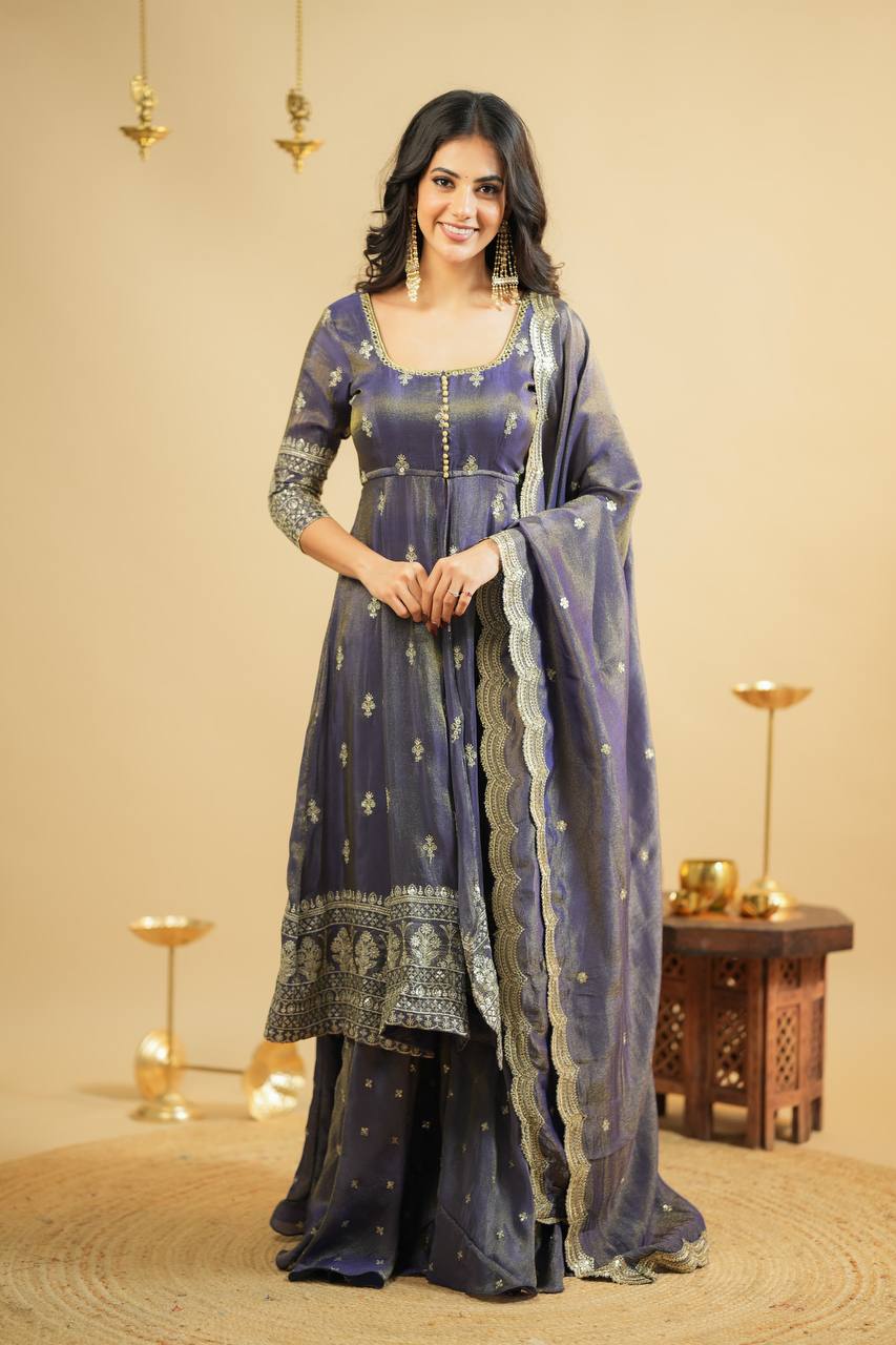 "Stylish navy blue Anarkali dress with intricate golden embroidery and flared silhouette – festive ethnic outfit for women"

"Navy blue embroidered Anarkali suit for women with golden zari work and matching dupatta – ideal for weddings and festivals"

"Navy blue Anarkali suit with gold embroidery and dupatta for women"

"Graceful woman in navy blue Anarkali suit with golden embroidery and matching dupatta – traditional Indian festive and wedding wear."


