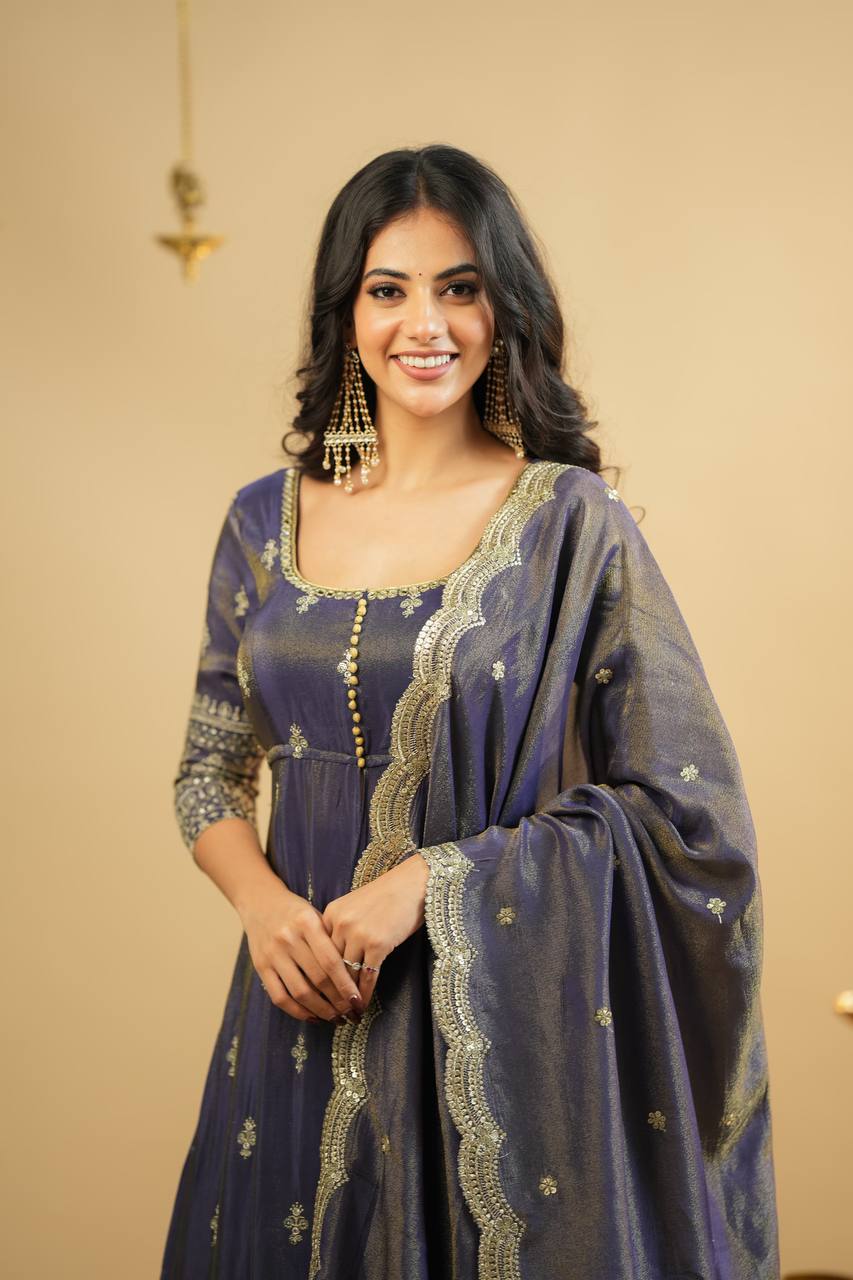 Wedding Wear Grey Color Cosmo Heavy Thread With Sequin Embroidery Work Beautiful Anarkali Top With Lehenga