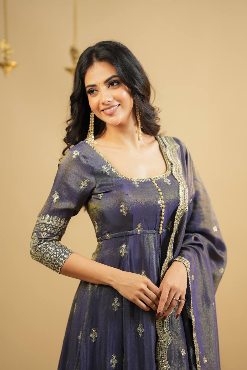 Wedding Wear Grey Color Cosmo Heavy Thread With Sequin Embroidery Work Beautiful Anarkali Top With Lehenga