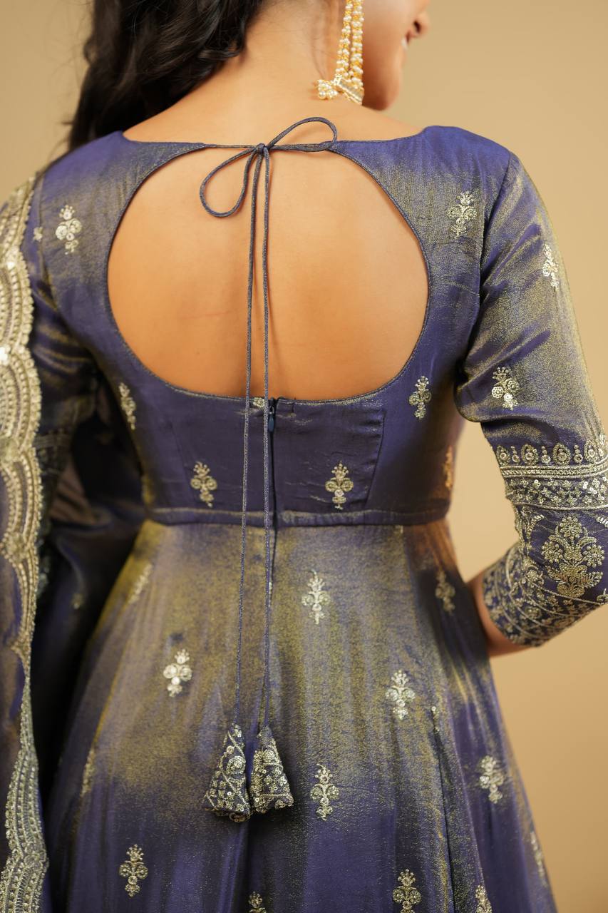 Wedding Wear Grey Color Cosmo Heavy Thread With Sequin Embroidery Work Beautiful Anarkali Top With Lehenga