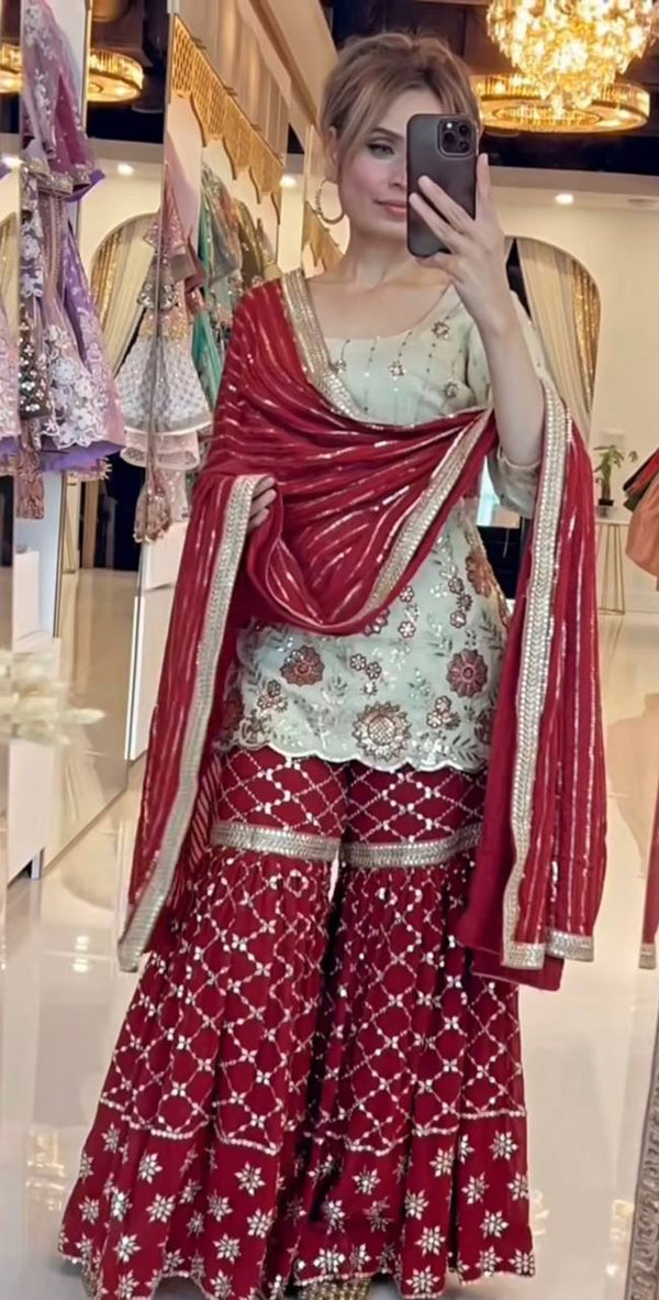 Festive Wear Cream And Maroon Color Sequins Embroidered Ready To Wear Sharara Suit