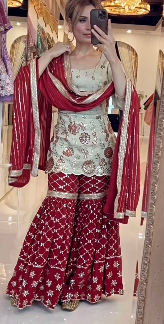 Festive Wear Cream And Maroon Color Sequins Embroidered Ready To Wear Sharara Suit