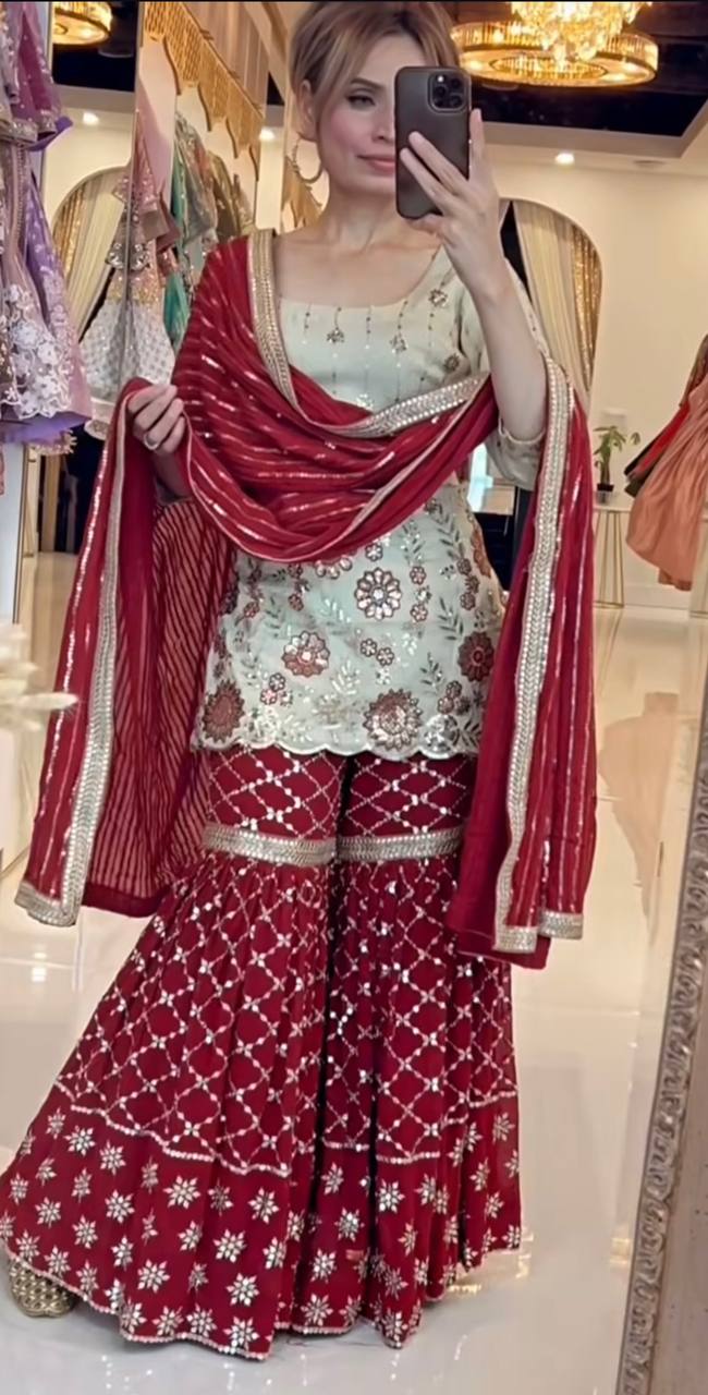 Festive Wear Cream And Maroon Color Sequins Embroidered Ready To Wear Sharara Suit
