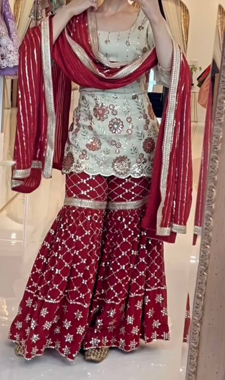 Festive Wear Cream And Maroon Color Sequins Embroidered Ready To Wear Sharara Suit