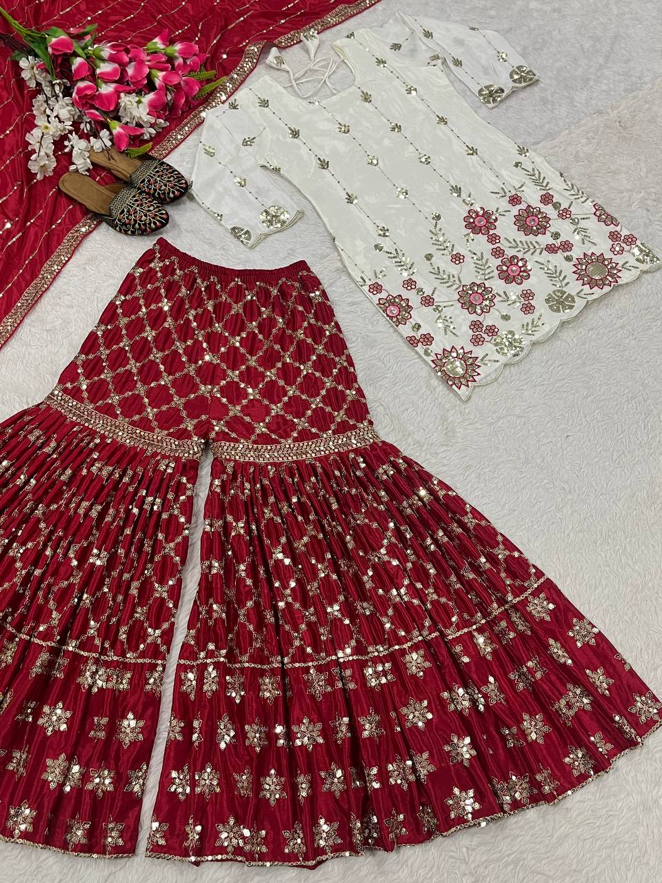 Festive Wear Cream And Maroon Color Sequins Embroidered Ready To Wear Sharara Suit