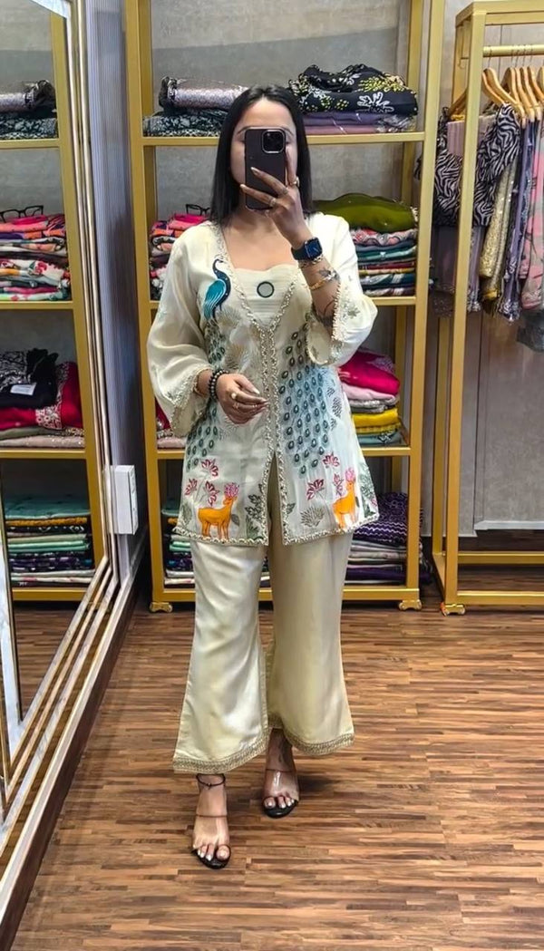 Alluring Off White Color Pure Tissue Simmer Silk Heavy Embroidery Thread With Sequence Work Palazzo Suit