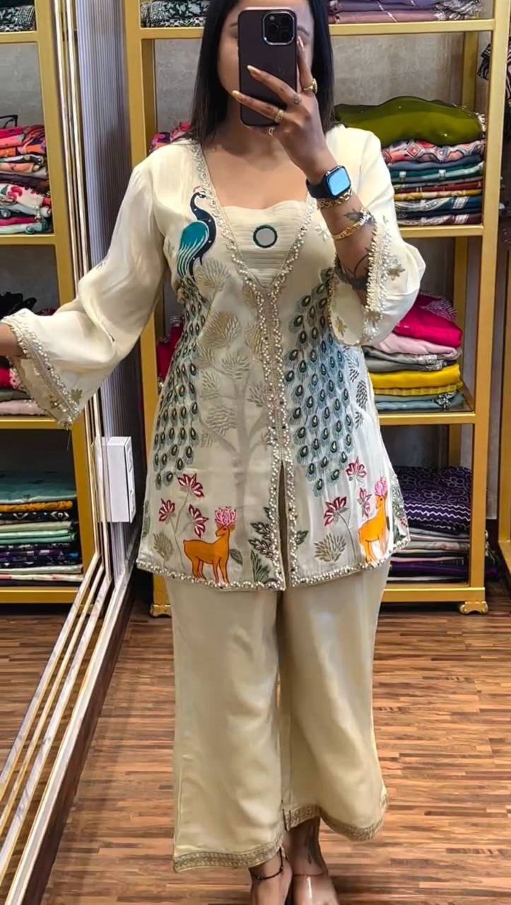 Alluring Off White Color Pure Tissue Simmer Silk Heavy Embroidery Thread With Sequence Work Palazzo Suit