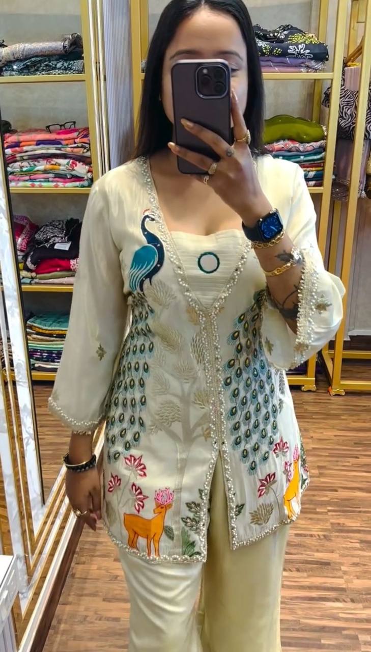 Alluring Off White Color Pure Tissue Simmer Silk Heavy Embroidery Thread With Sequence Work Palazzo Suit