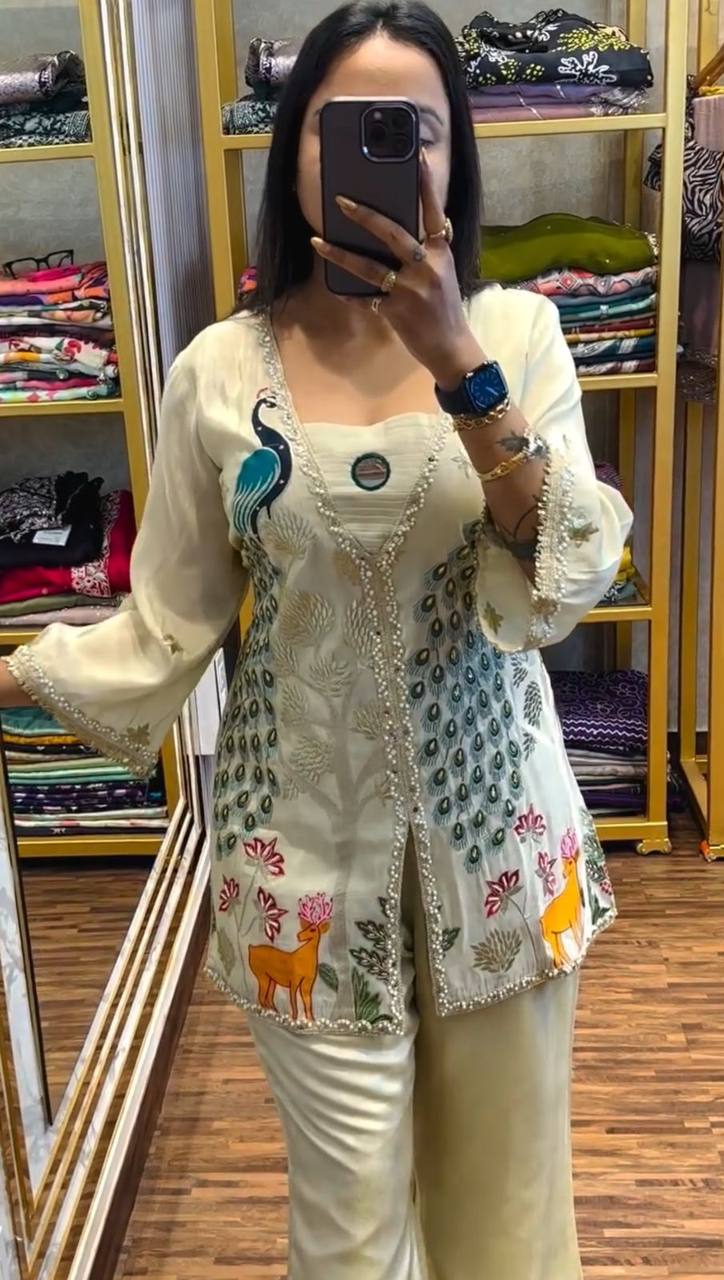 Alluring Off White Color Pure Tissue Simmer Silk Heavy Embroidery Thread With Sequence Work Palazzo Suit
