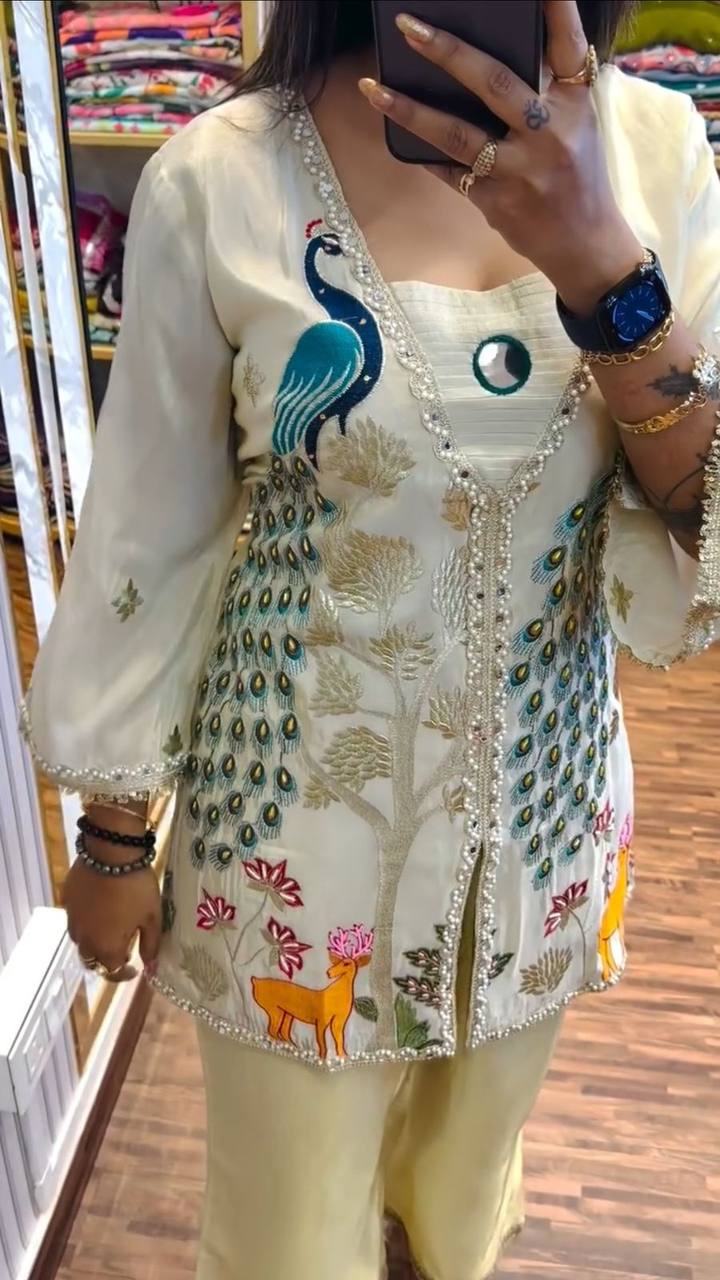 Alluring Off White Color Pure Tissue Simmer Silk Heavy Embroidery Thread With Sequence Work Palazzo Suit