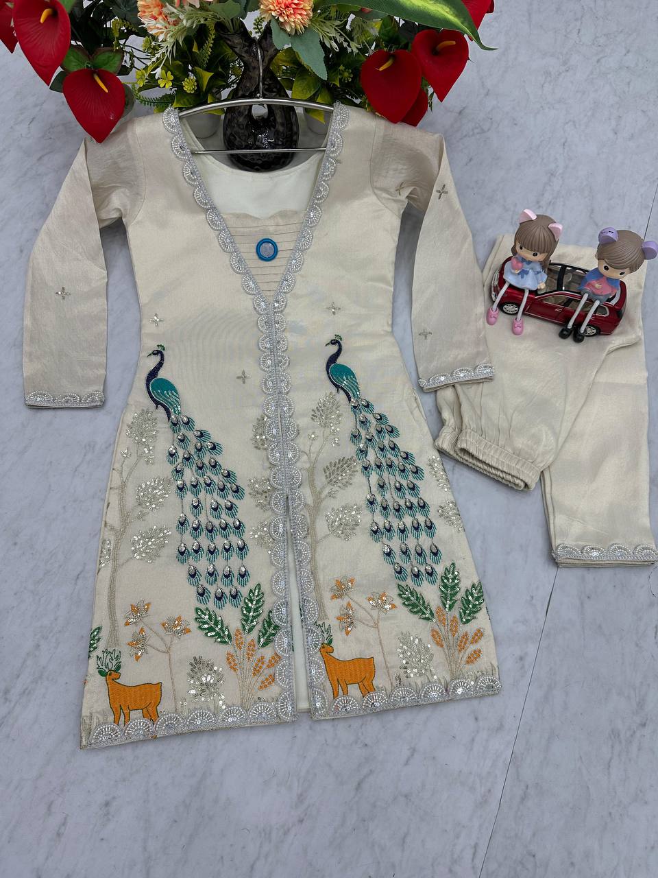 Alluring Off White Color Pure Tissue Simmer Silk Heavy Embroidery Thread With Sequence Work Palazzo Suit