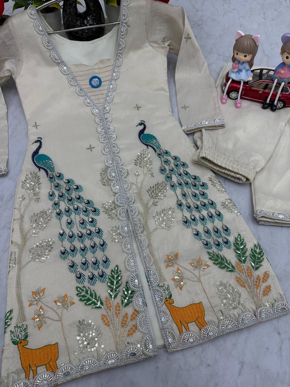 Alluring Off White Color Pure Tissue Simmer Silk Heavy Embroidery Thread With Sequence Work Palazzo Suit