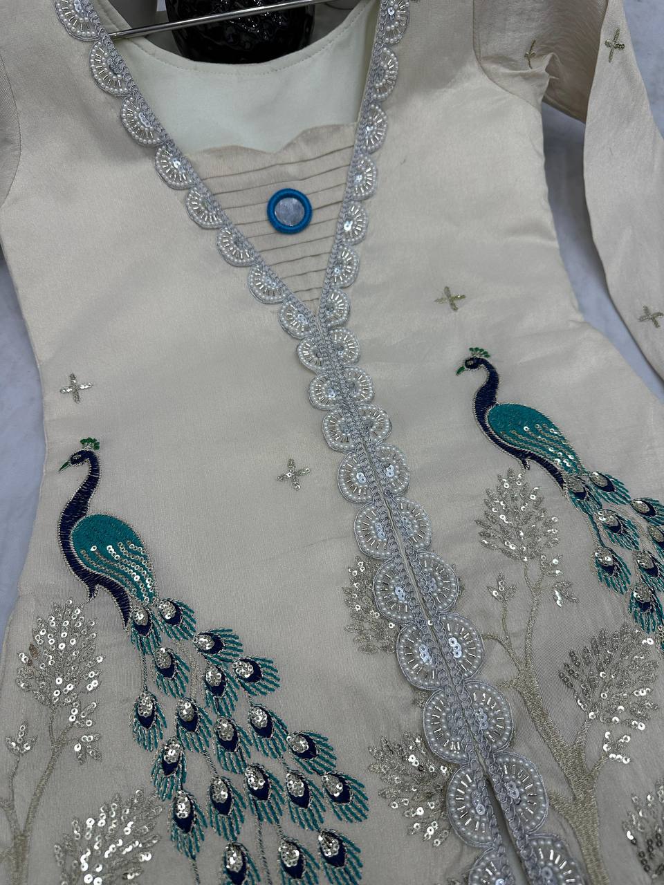 Alluring Off White Color Pure Tissue Simmer Silk Heavy Embroidery Thread With Sequence Work Palazzo Suit