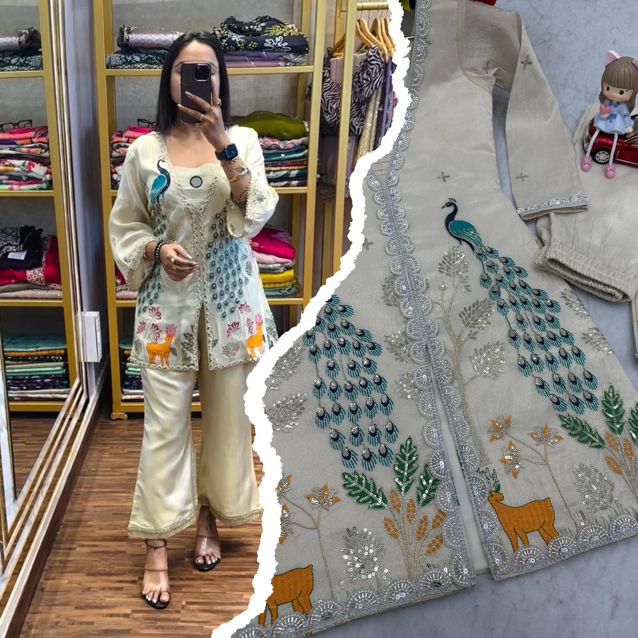 Alluring Off White Color Pure Tissue Simmer Silk Heavy Embroidery Thread With Sequence Work Palazzo Suit