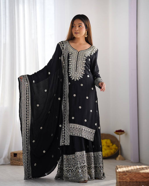 Function Wear Black Color Pure Heavy Chinon Silk With Embroidery And 5mm Sequence Work Sharara Suit