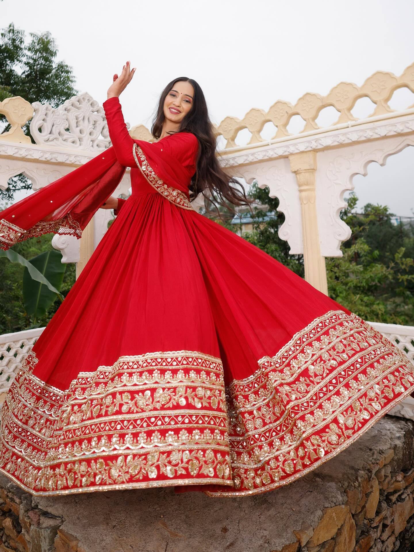 Designer Red Color Georgette Anarkali Gown Set