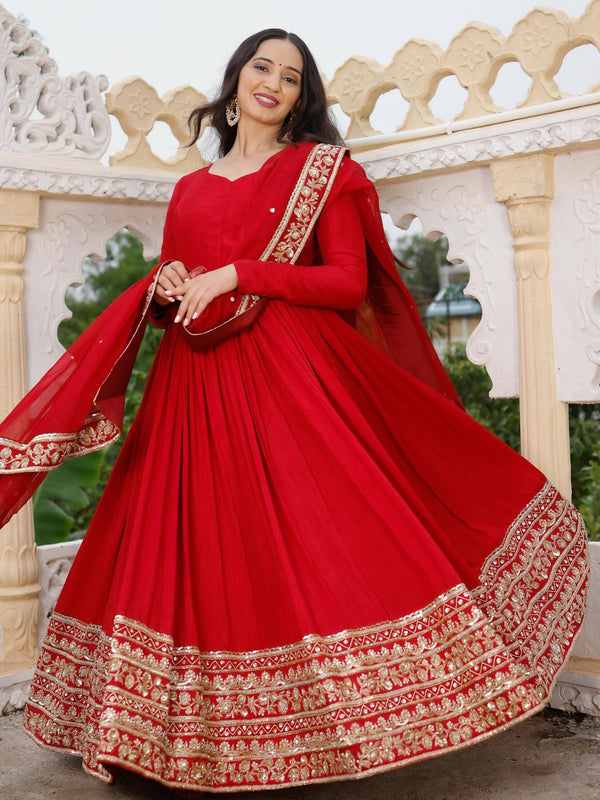 Designer Red Color Georgette Anarkali Gown Set