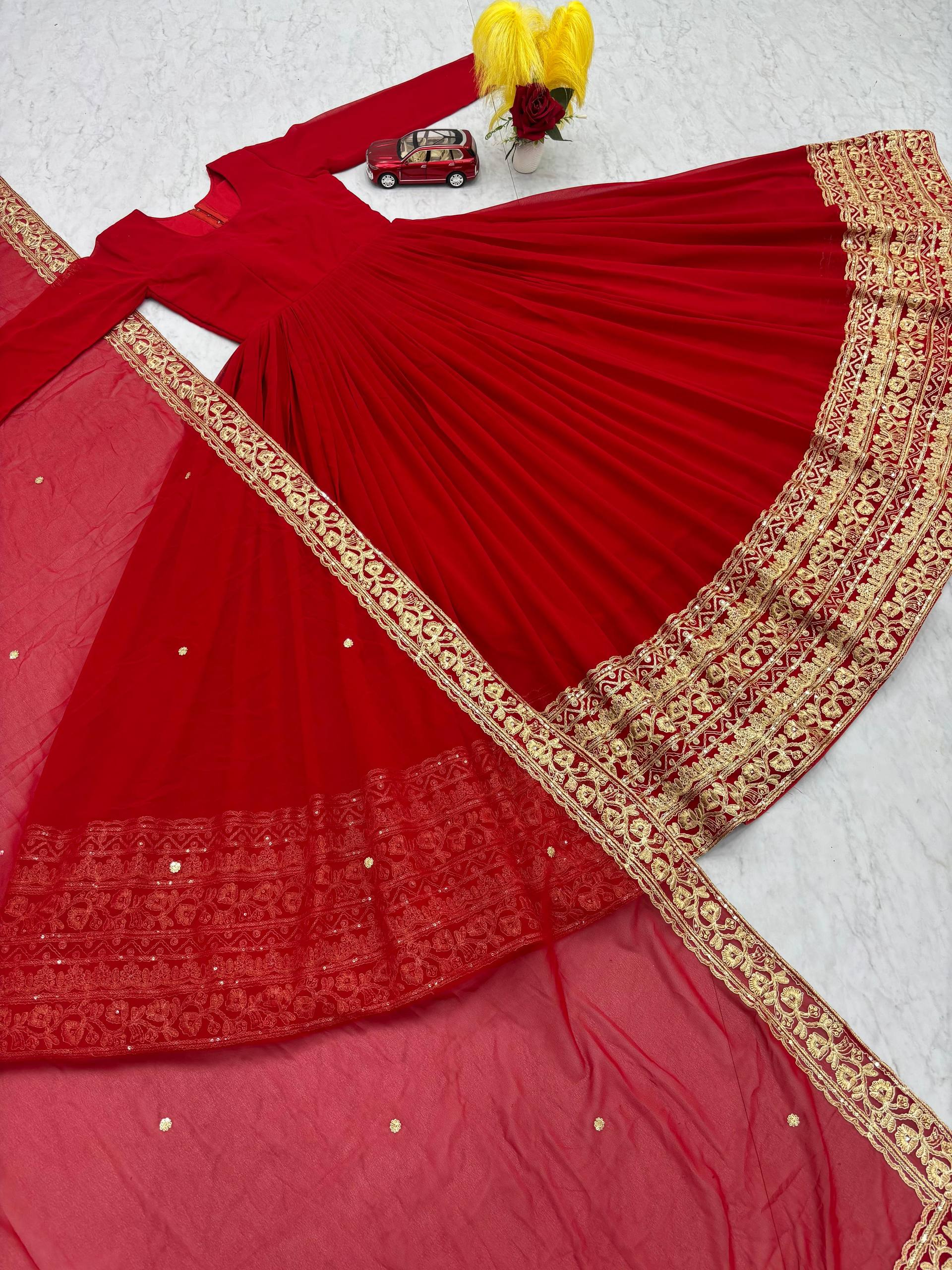 Designer Red Color Georgette Anarkali Gown Set